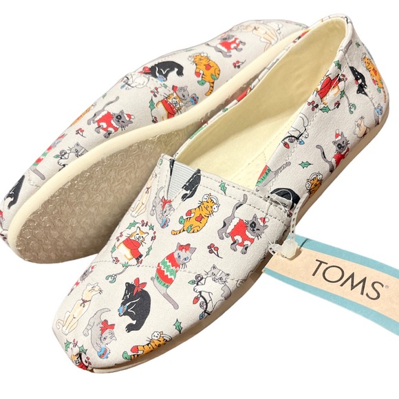 Toms Shoes - TOMS Christmas Cats Slip On Gray Belmont Shoes Holiday Espadrille Flats NWT